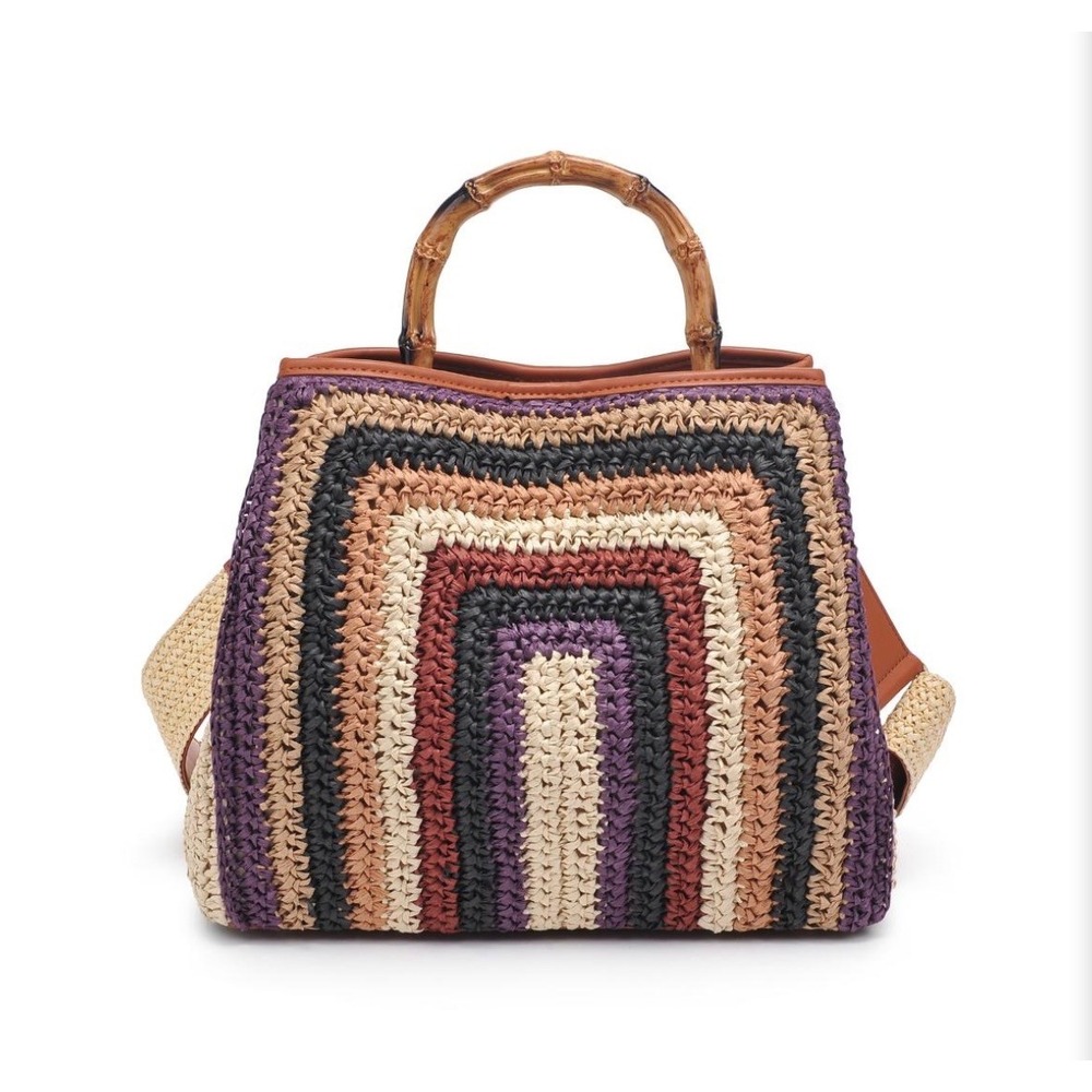 Mode Luxe KALANI Woven Raffia Rainbow Tote Bag with Bamboo Handles and‎ Strap